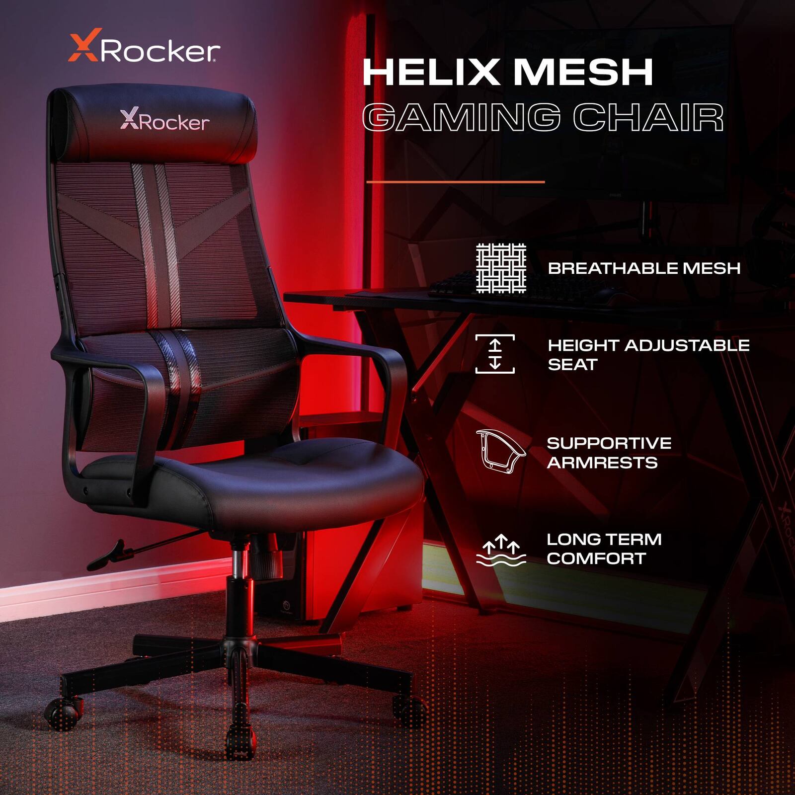 X Rocker Helix Ergonomic Mesh Office Gaming Chair, Adjustable Lumbar Support, Black