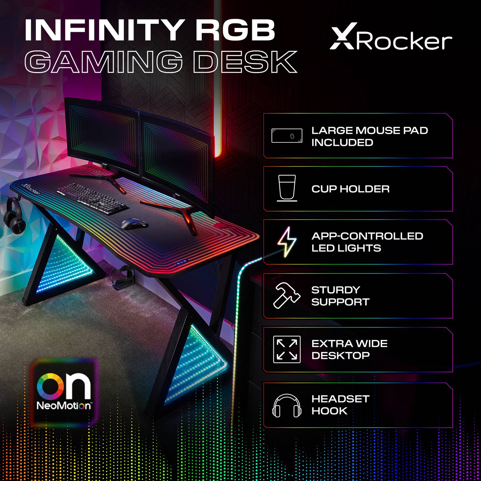 X Rocker Infinity RGB App-Controlled Gaming Desk 55-inch with Full Mousepad, Black