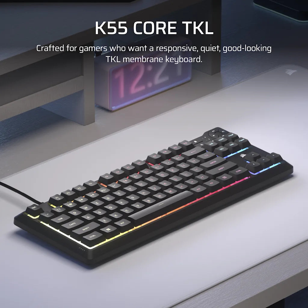 Corsair K55 CORE TKL RGB Gaming Keyboard - Spill-Resistant, Responsive Membrane Keys