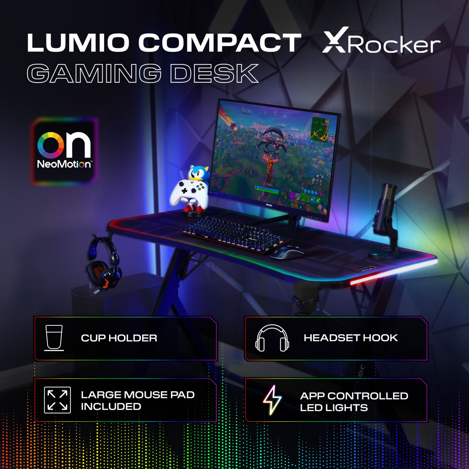 Lumio Compact RGB 110cm Gaming Desk: App-Controlled LED, Full Mousepad, Black Carbon
