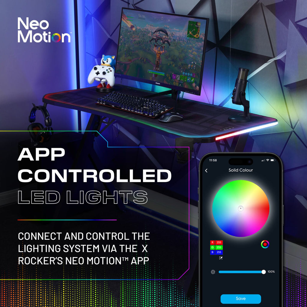 Lumio Compact RGB 110cm Gaming Desk: App-Controlled LED, Full Mousepad, Black Carbon