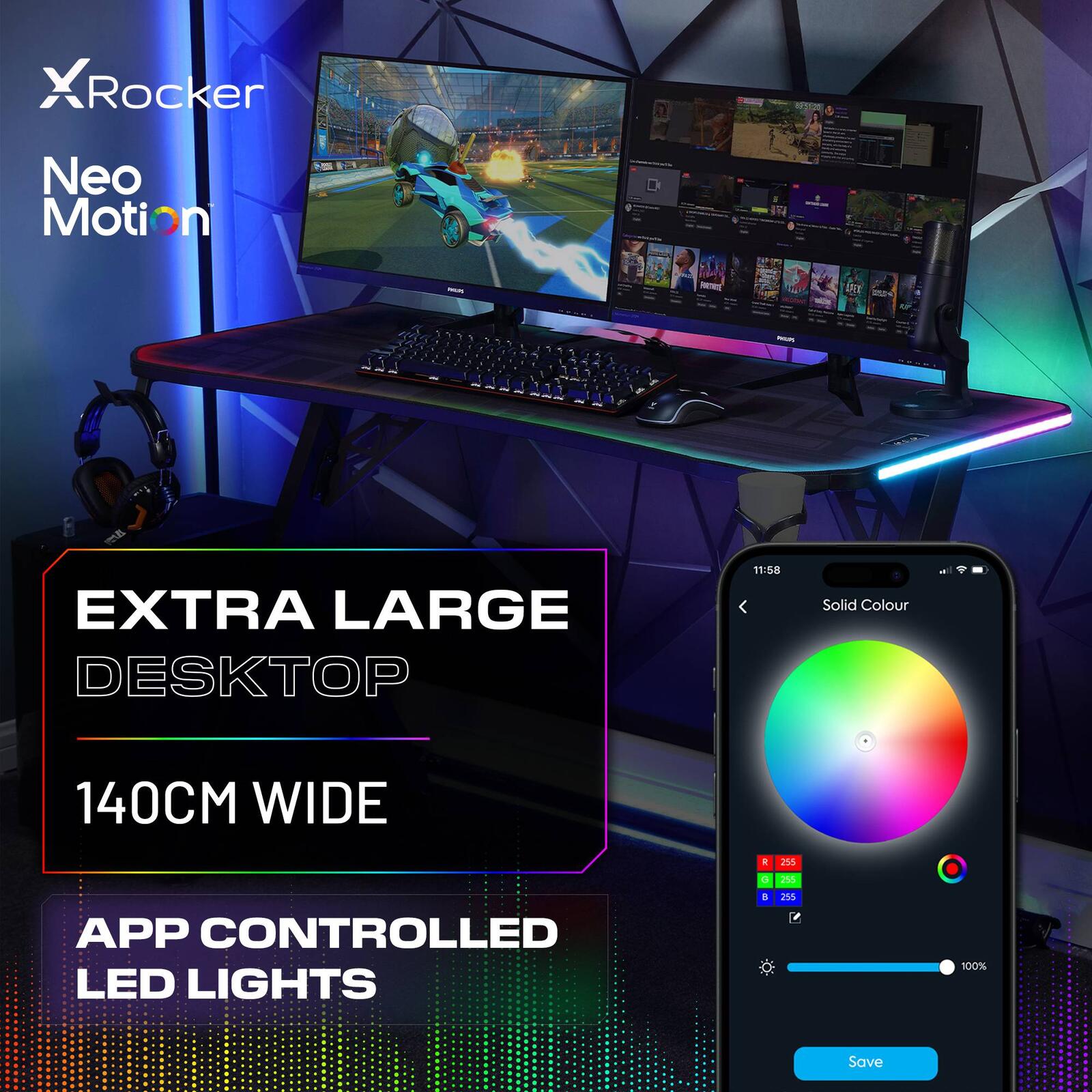 Lumio XL RGB LED Gaming Desk, Full Mousepad, Carbon Black, App-Controlled