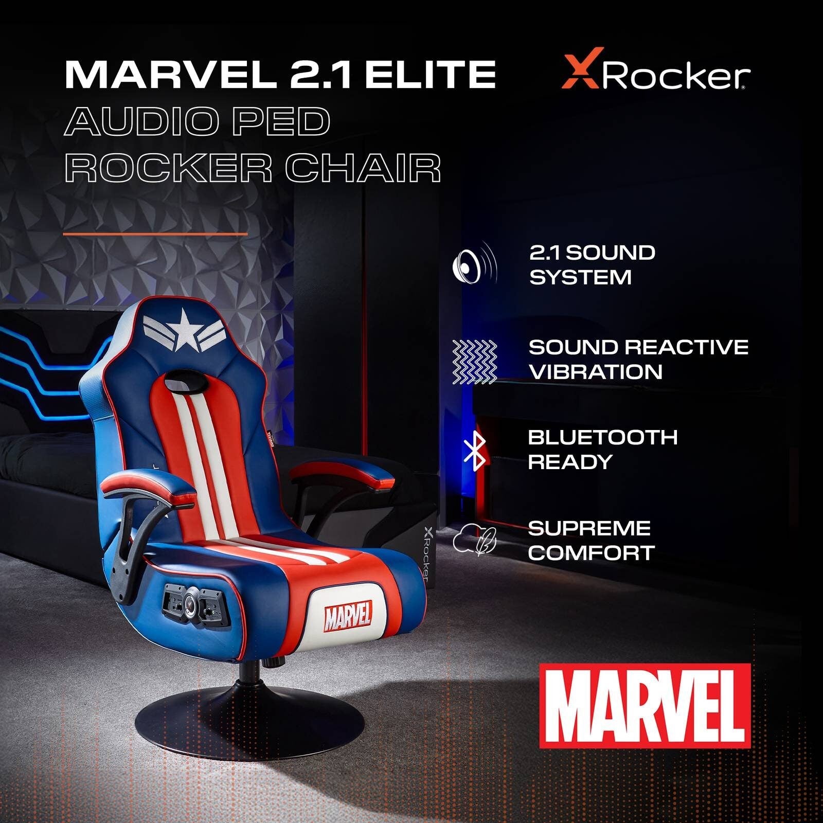 Officially Licensed Marvel Captain America Elite 2.1 Audio Console Pedestal Gaming Chair