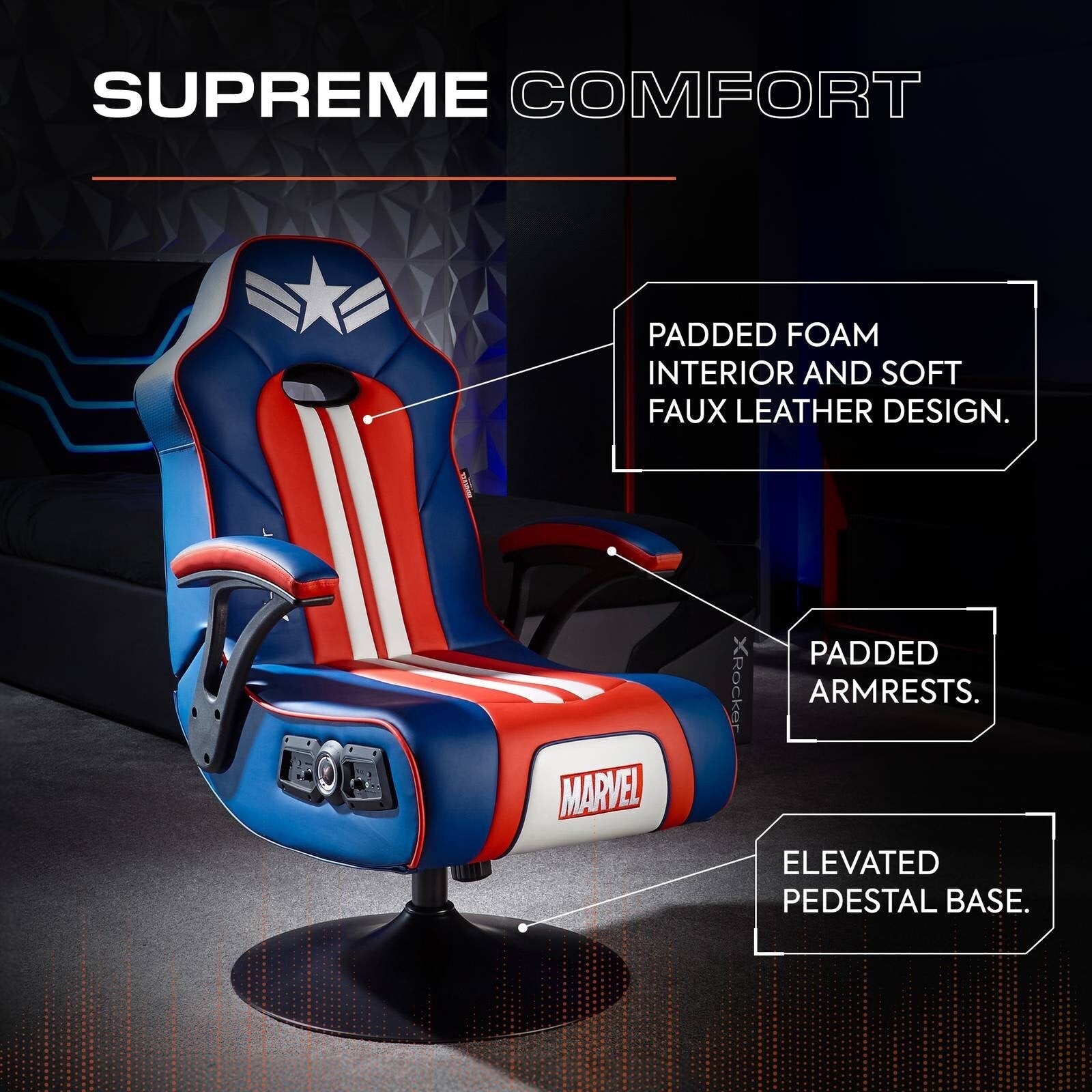 Officially Licensed Marvel Captain America Elite 2.1 Audio Console Pedestal Gaming Chair