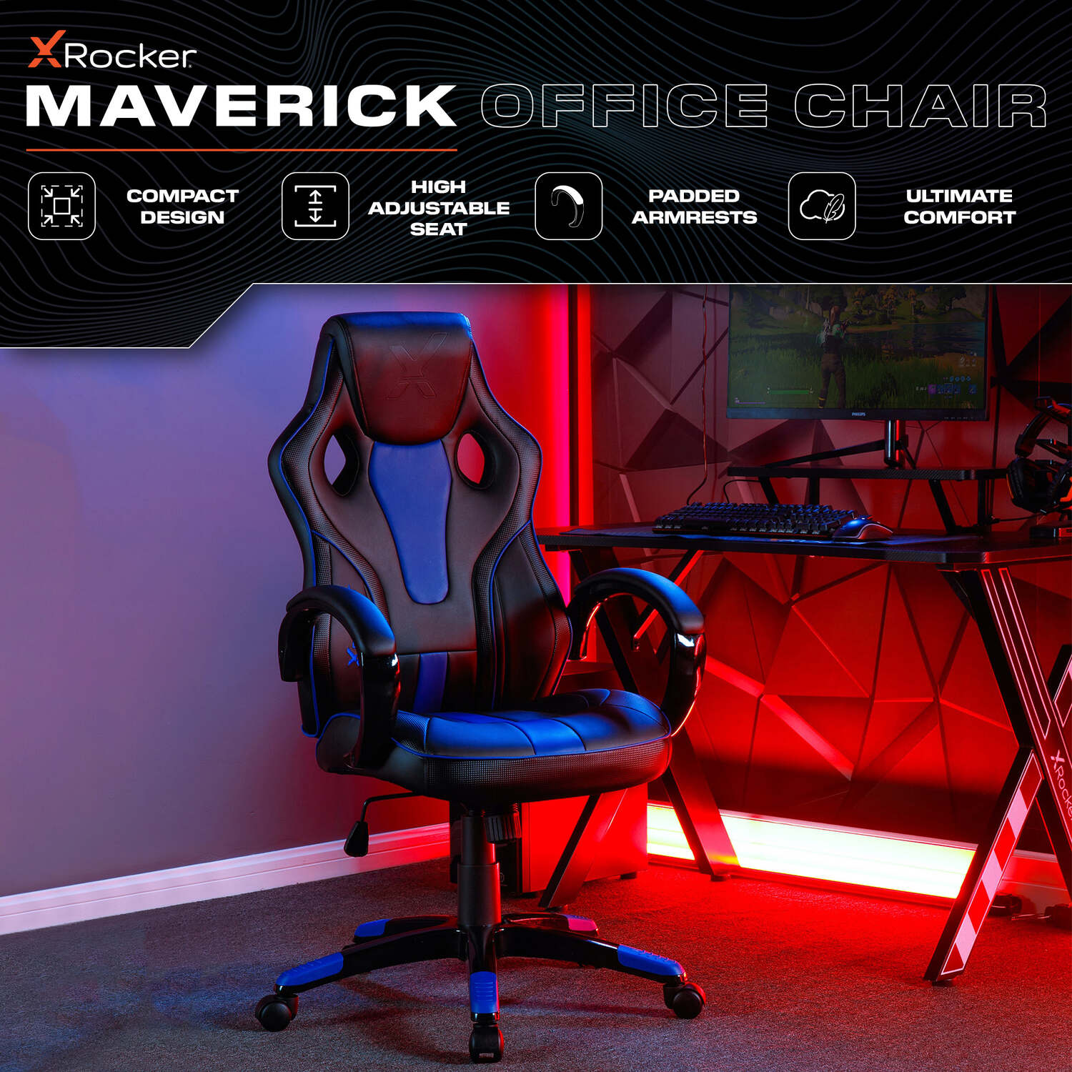 Maverick Ergonomic PC Gaming Office Chair - Black/Blue Faux Leather Swivel Base