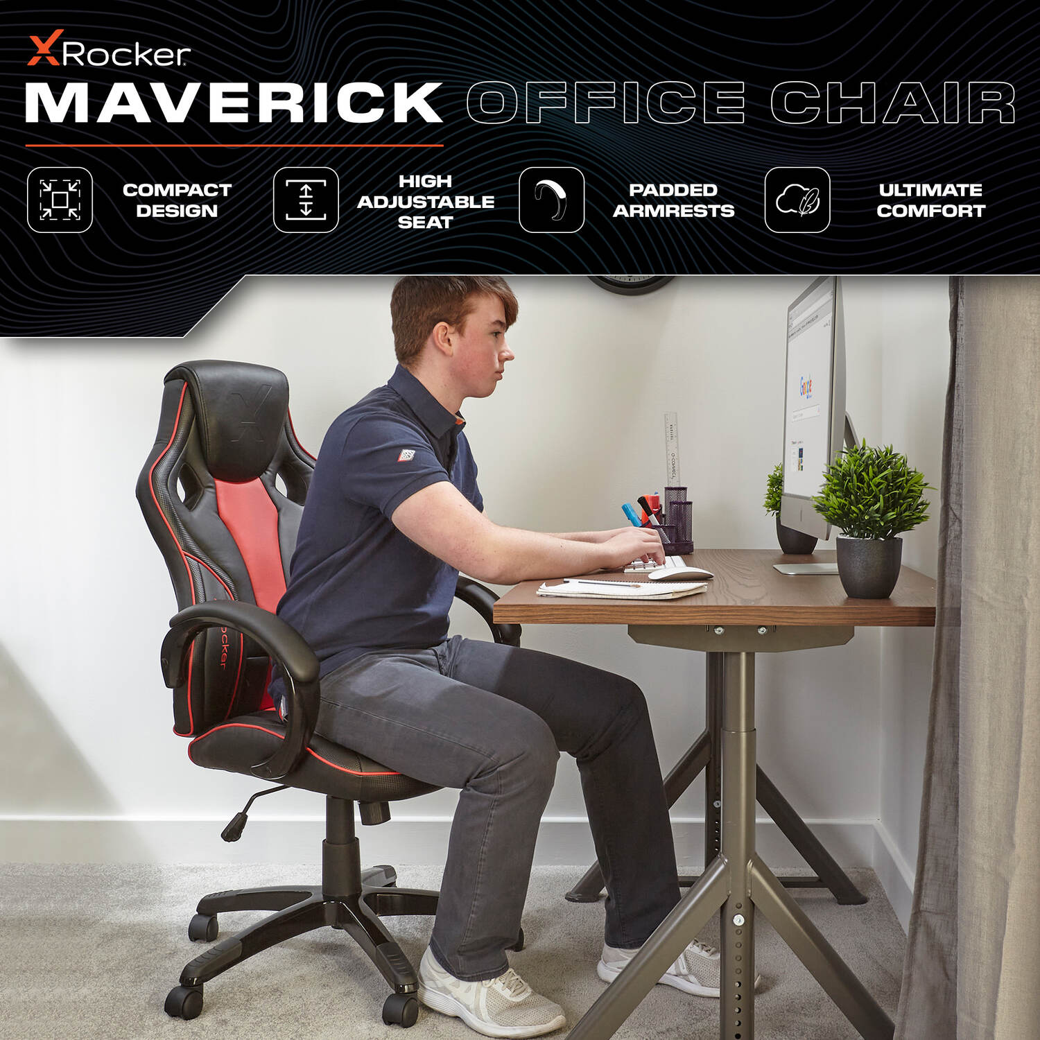 X Rocker Maverick Ergonomic Gaming Chair - Black/Red PC Office Seat