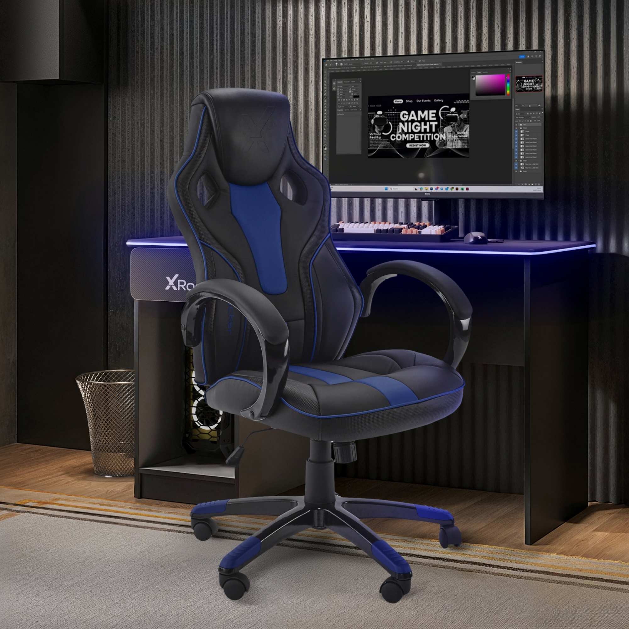 Maverick Ergonomic PC Gaming Office Chair - Black/Blue Faux Leather Swivel Base