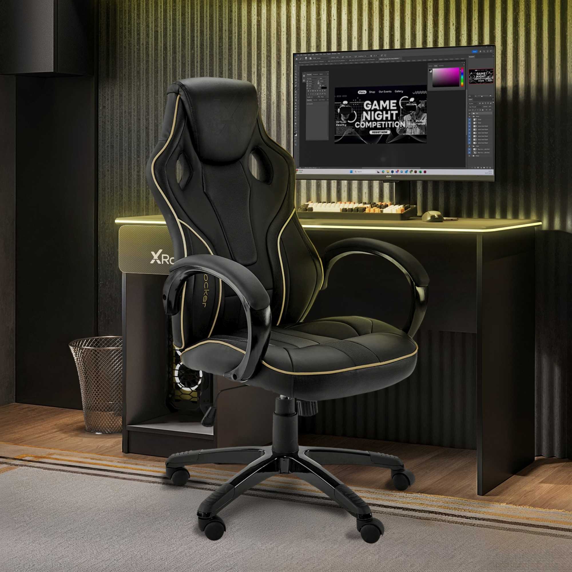 Maverick Ergonomic PC Office Gaming Chair: Premium Black Gold Adjustable Comfort