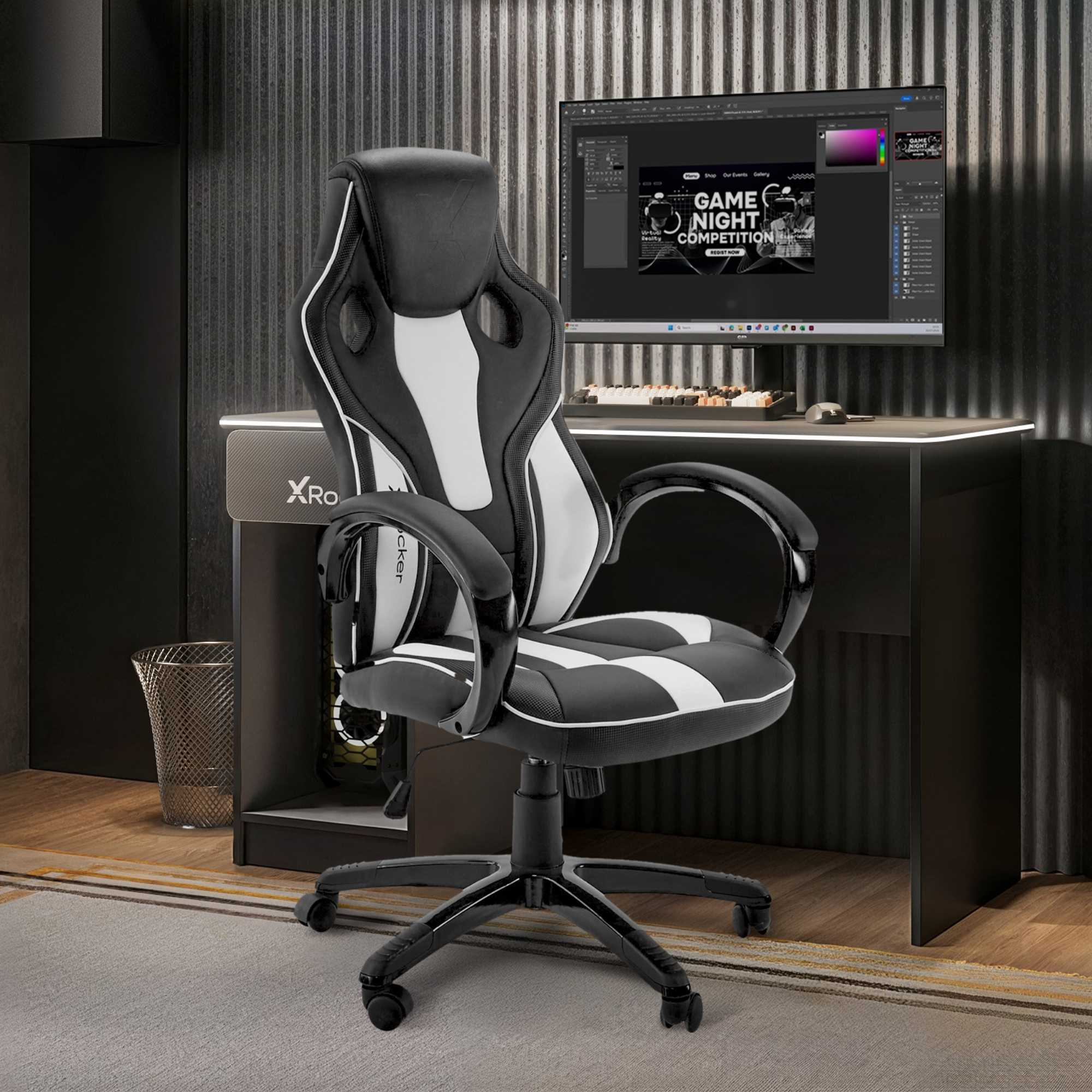 Maverick Ergonomic Gaming Office Chair - Black/White Faux Leather Comfort