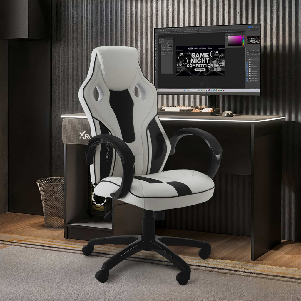 Maverick Ergonomic PC Gaming Office Chair with Adjustable Faux Leather, White/Black