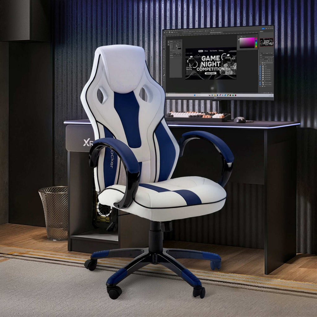 Maverick Ergonomic PC Office Gaming Chair: Premium White & Blue Comfort