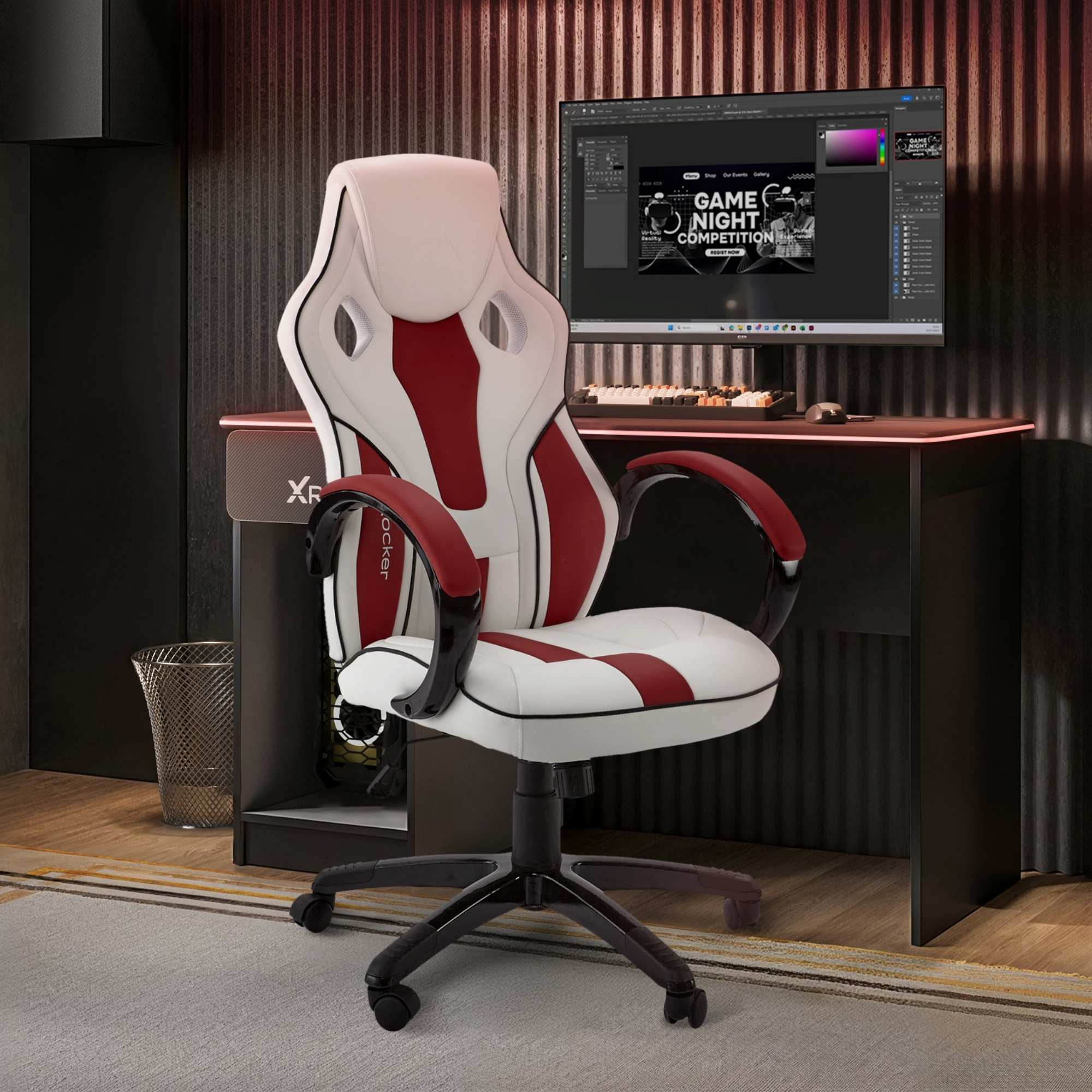 Maverick Ergonomic PC Office Gaming Chair: Adjustable, White & Red Faux Leather