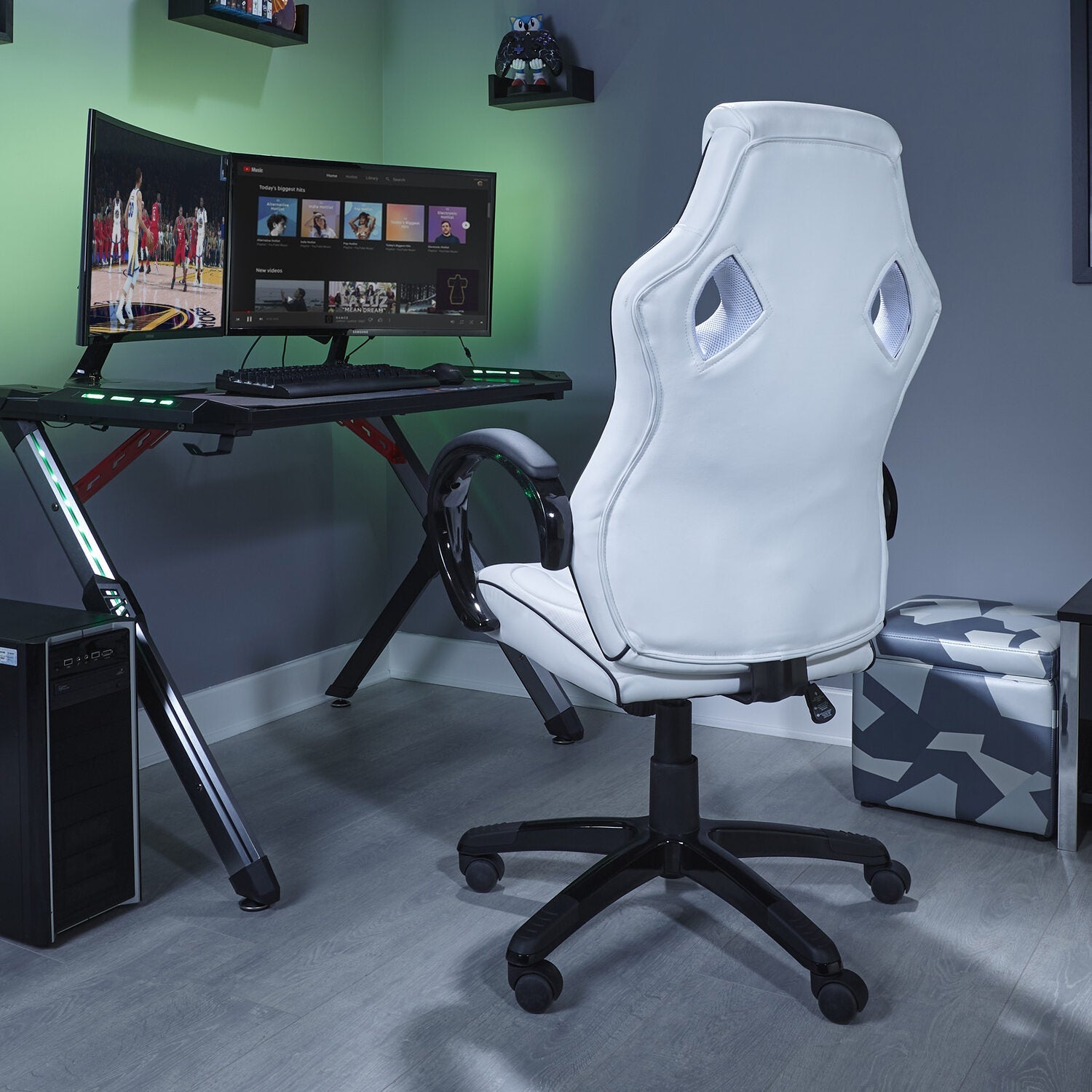 Maverick Ergonomic PC Gaming Office Chair with Adjustable Faux Leather, White/Black