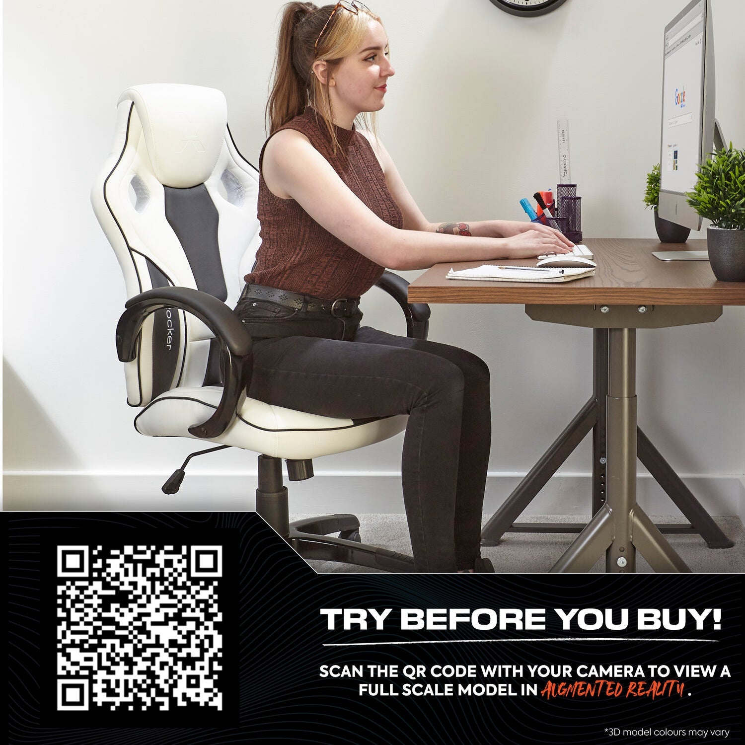 Maverick Ergonomic PC Gaming Office Chair with Adjustable Faux Leather, White/Black