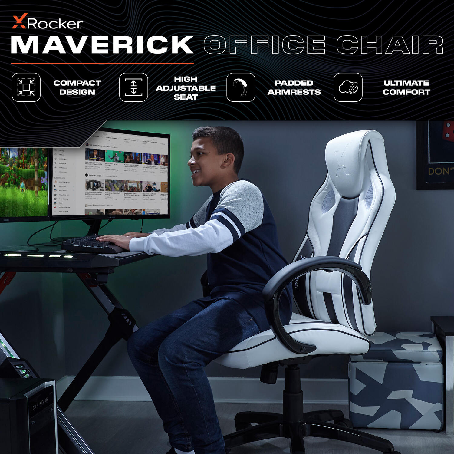 Maverick Ergonomic PC Gaming Office Chair with Adjustable Faux Leather, White/Black