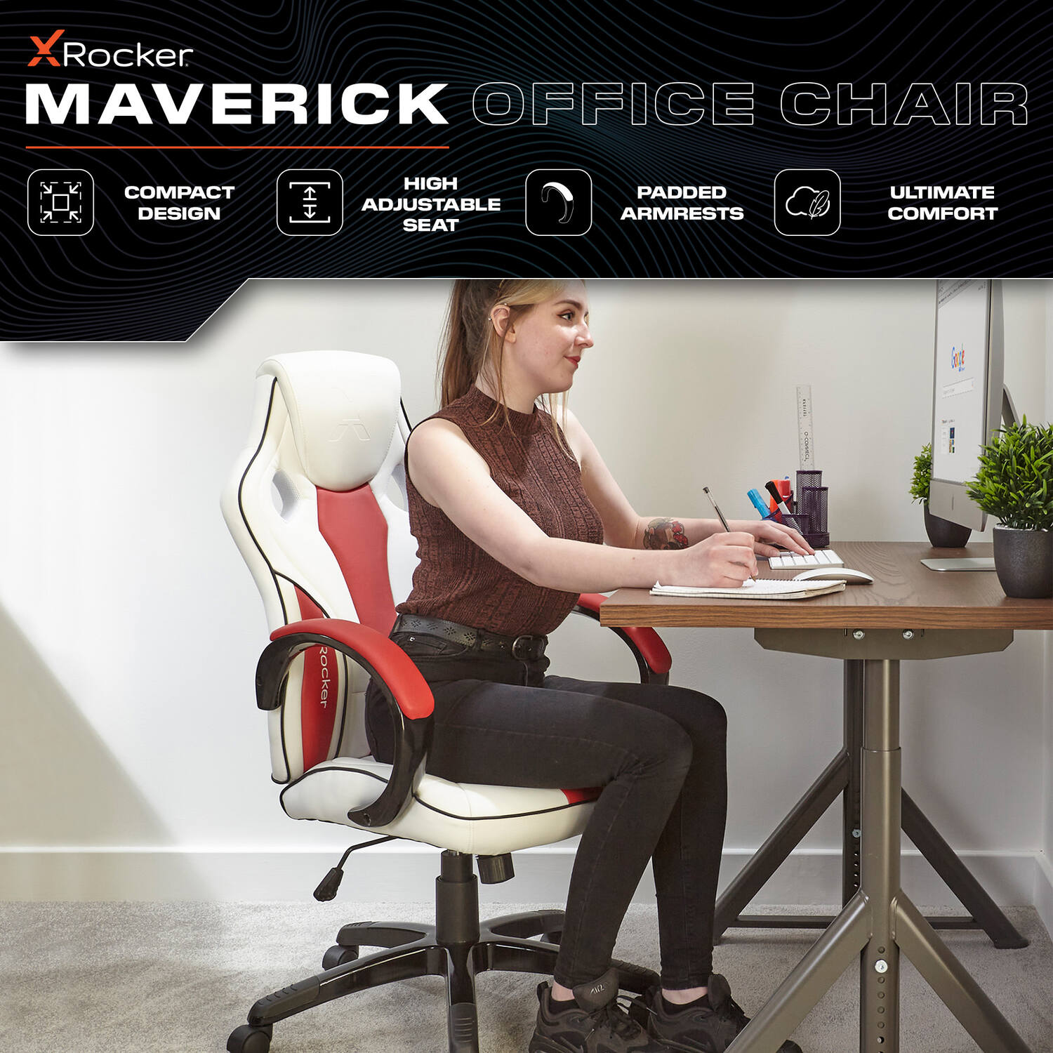 Maverick Ergonomic PC Office Gaming Chair: Adjustable, White & Red Faux Leather