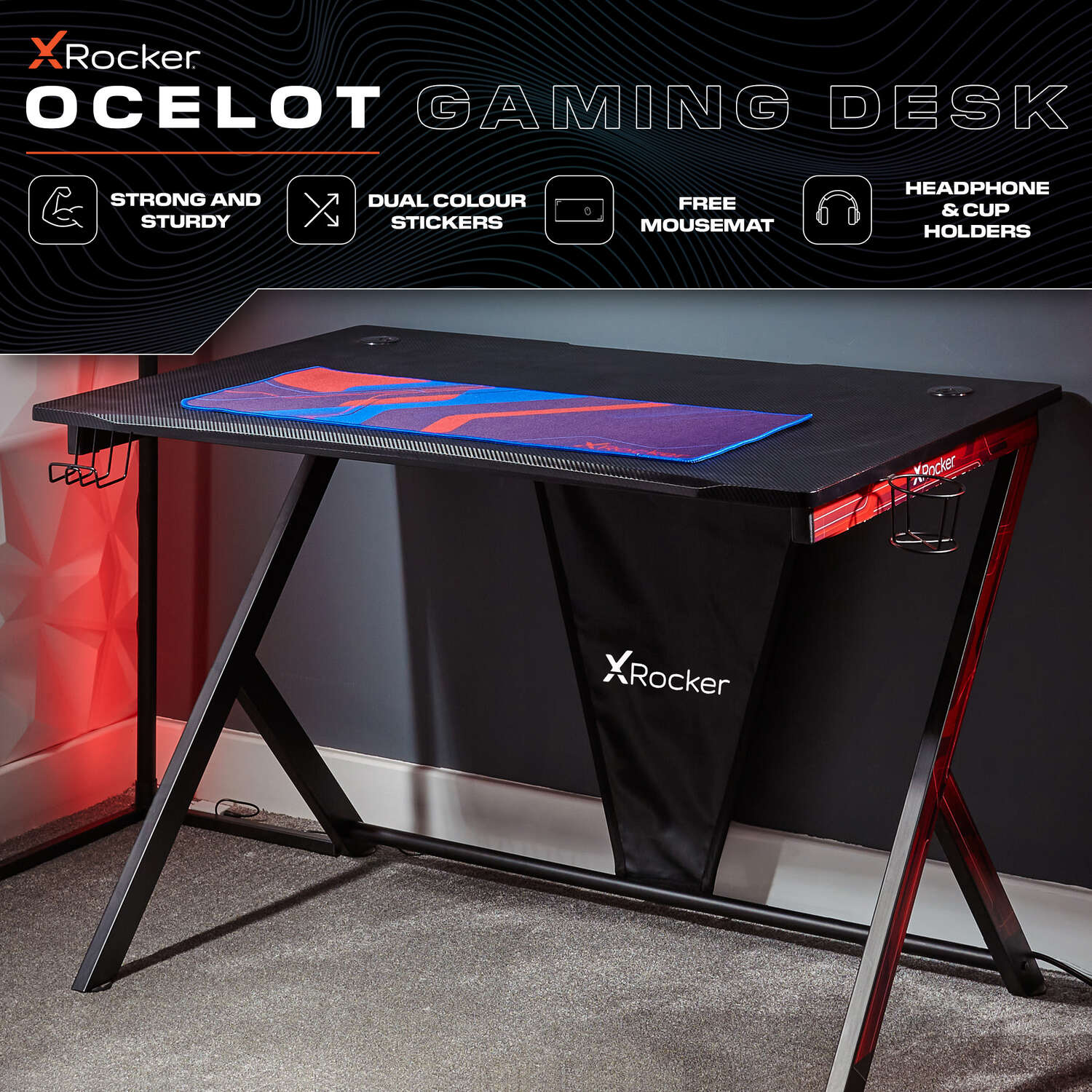 X Rocker Ocelot 115cm Carbon Black Gaming Desk with Full-Size Mousepad, Organiser