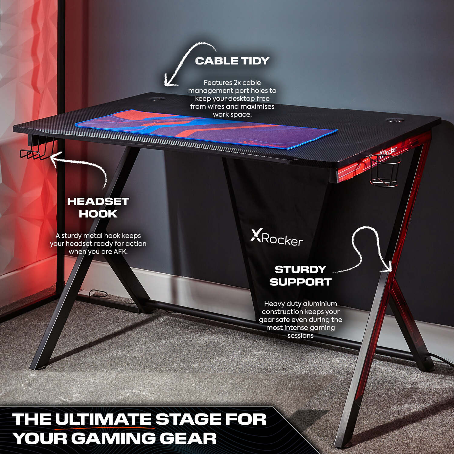X Rocker Ocelot 115cm Carbon Black Gaming Desk with Full-Size Mousepad, Organiser