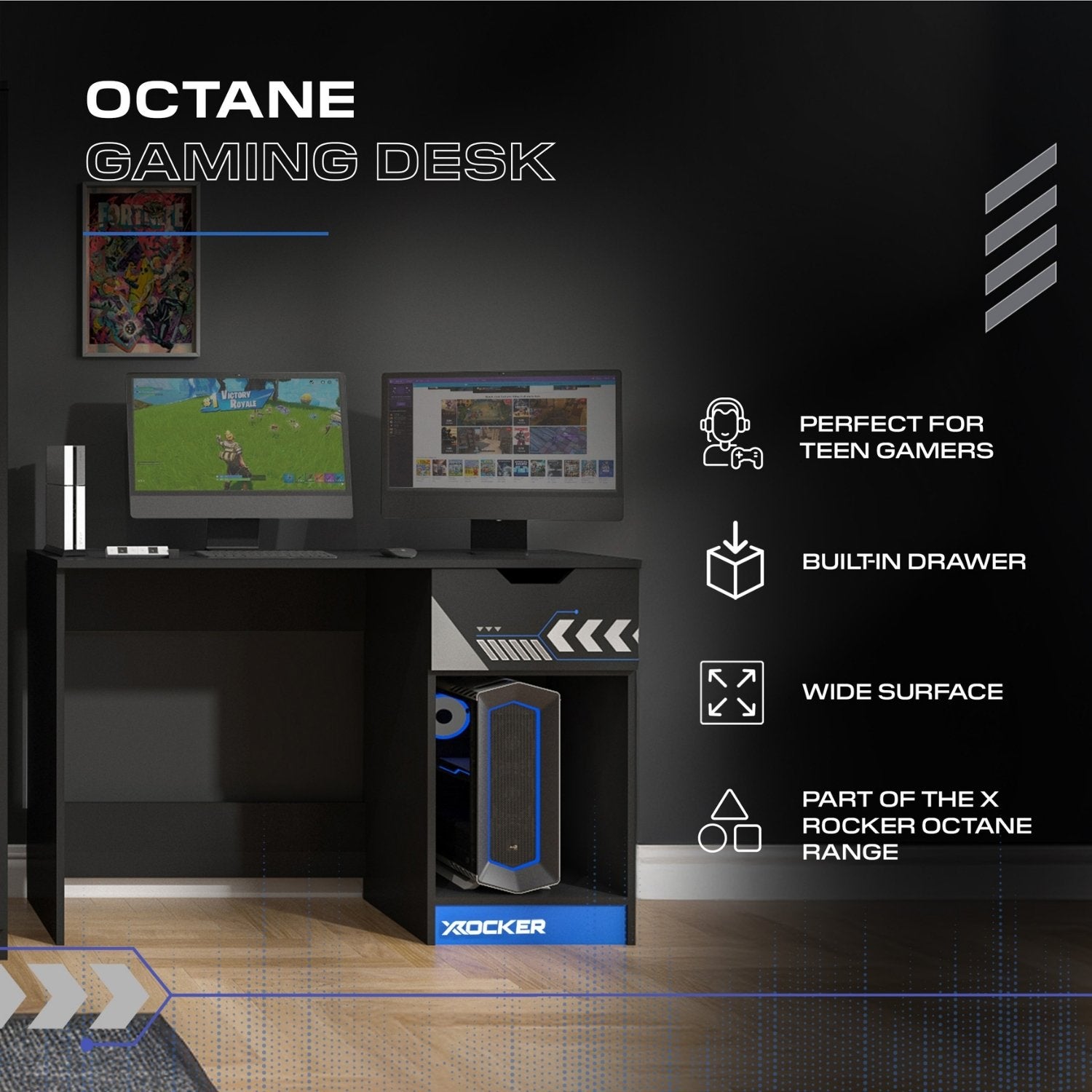 X Rocker Octane 110cm Blue Gaming Desk with Integrated Storage Drawer