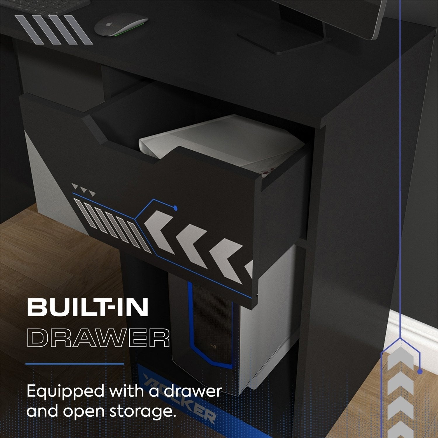 X Rocker Octane 110cm Blue Gaming Desk with Integrated Storage Drawer