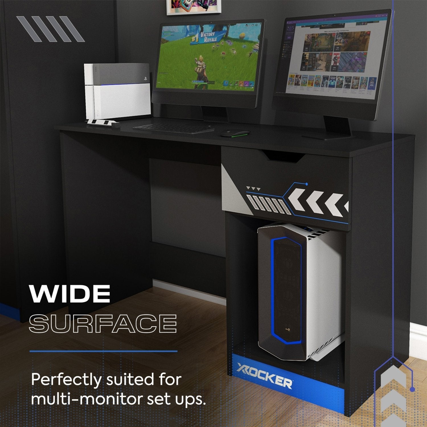 X Rocker Octane 110cm Blue Gaming Desk with Integrated Storage Drawer