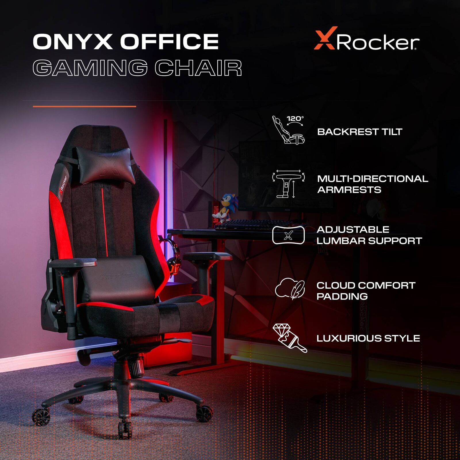 Onyx Ergonomic Gaming Office Chair: Premium Fabric, PU Leather, Red Accents