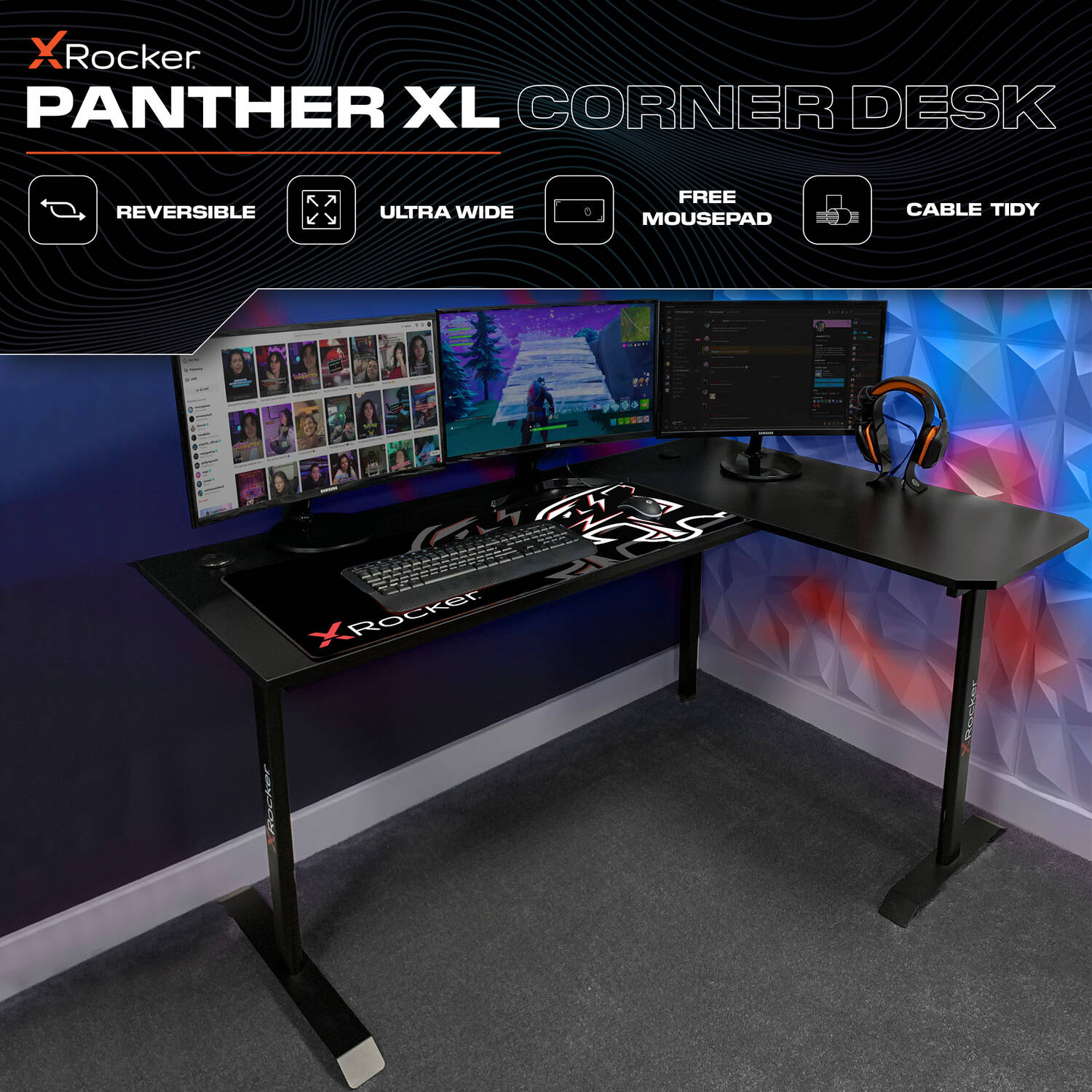 X Rocker Panther XL Reversible Corner Gaming Desk Carbon Fibre Effect with Mousepad