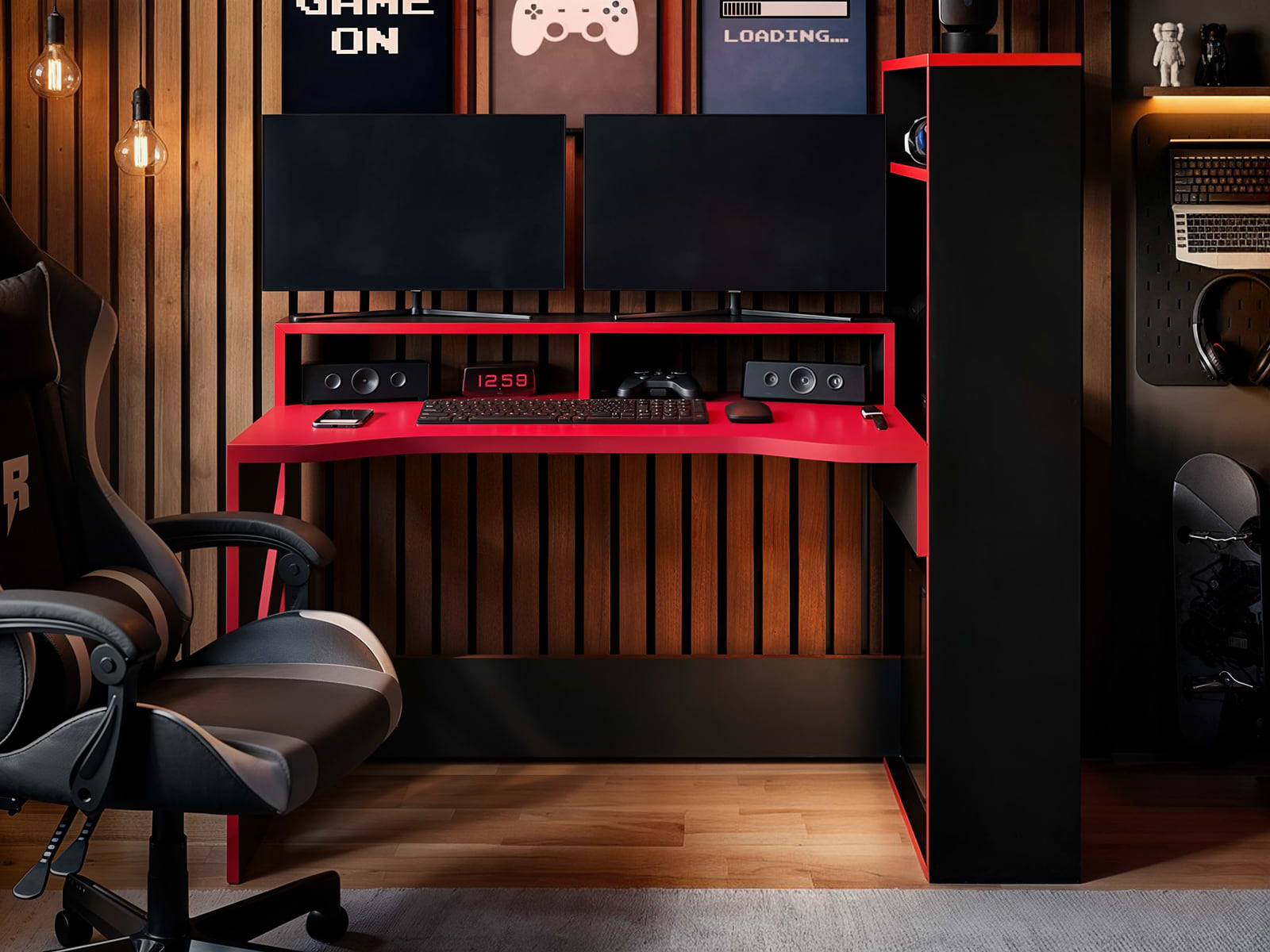 Recoil Pixel Gaming Desk: Ergonomic, Dual Monitor, Expandable, Black & Red Design