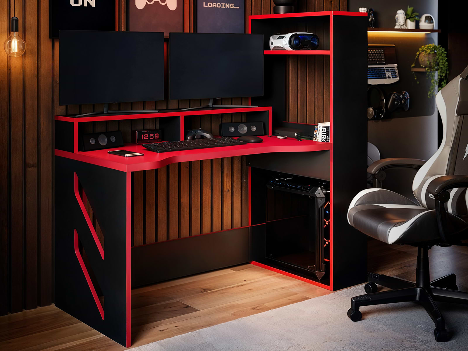 Recoil Pixel Gaming Desk: Ergonomic, Dual Monitor, Expandable, Black & Red Design