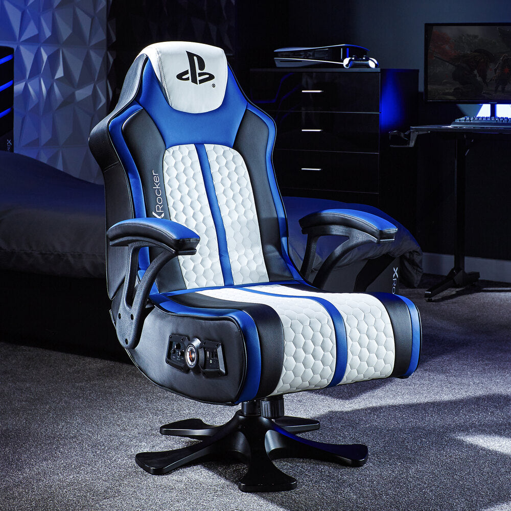 Officially Licensed PlayStation Legend 2.1 Audio Pedestal Gaming Chair White Blue