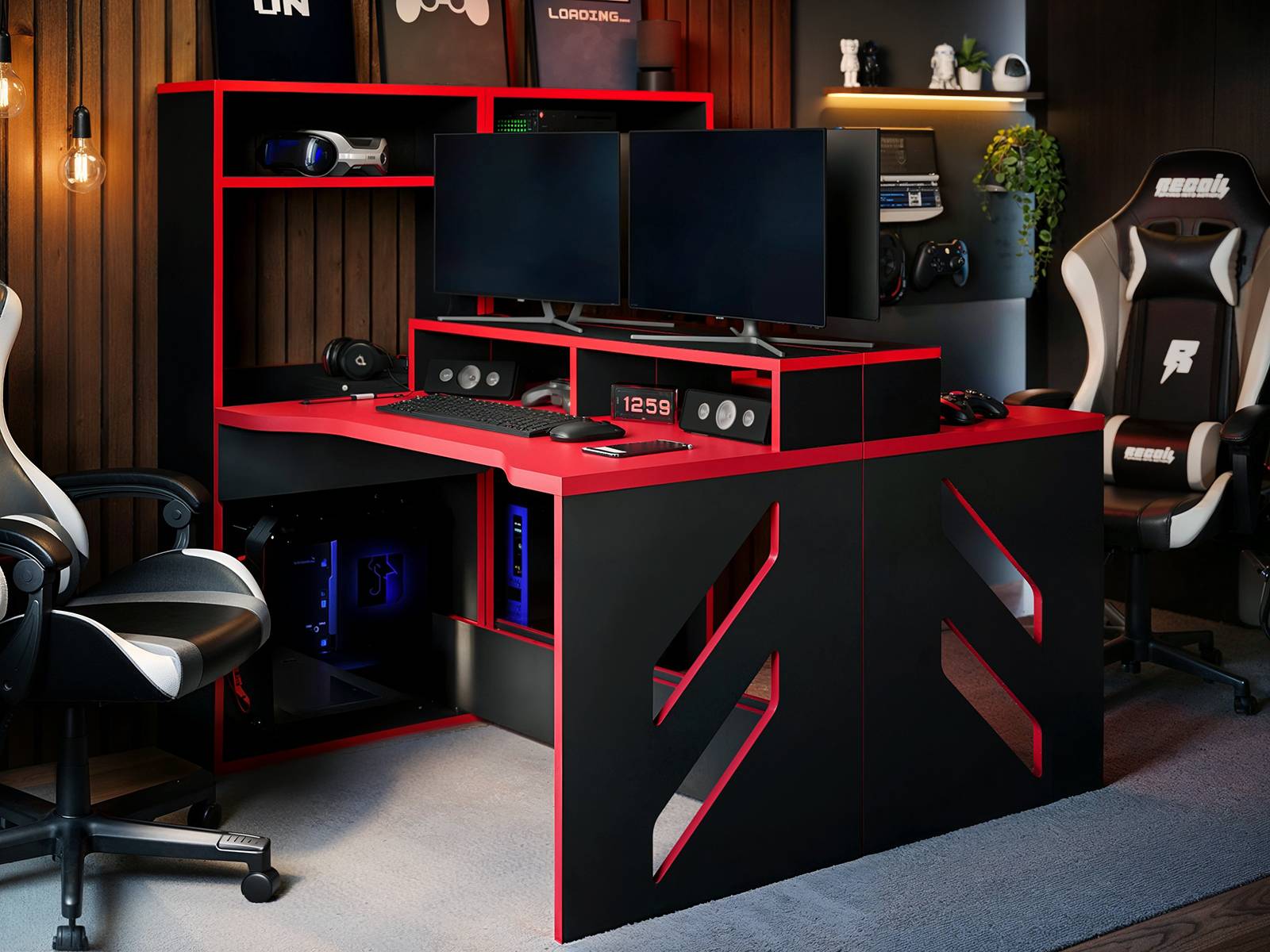 Recoil Pixel Gaming Desk: Ergonomic, Dual Monitor, Expandable, Black & Red Design