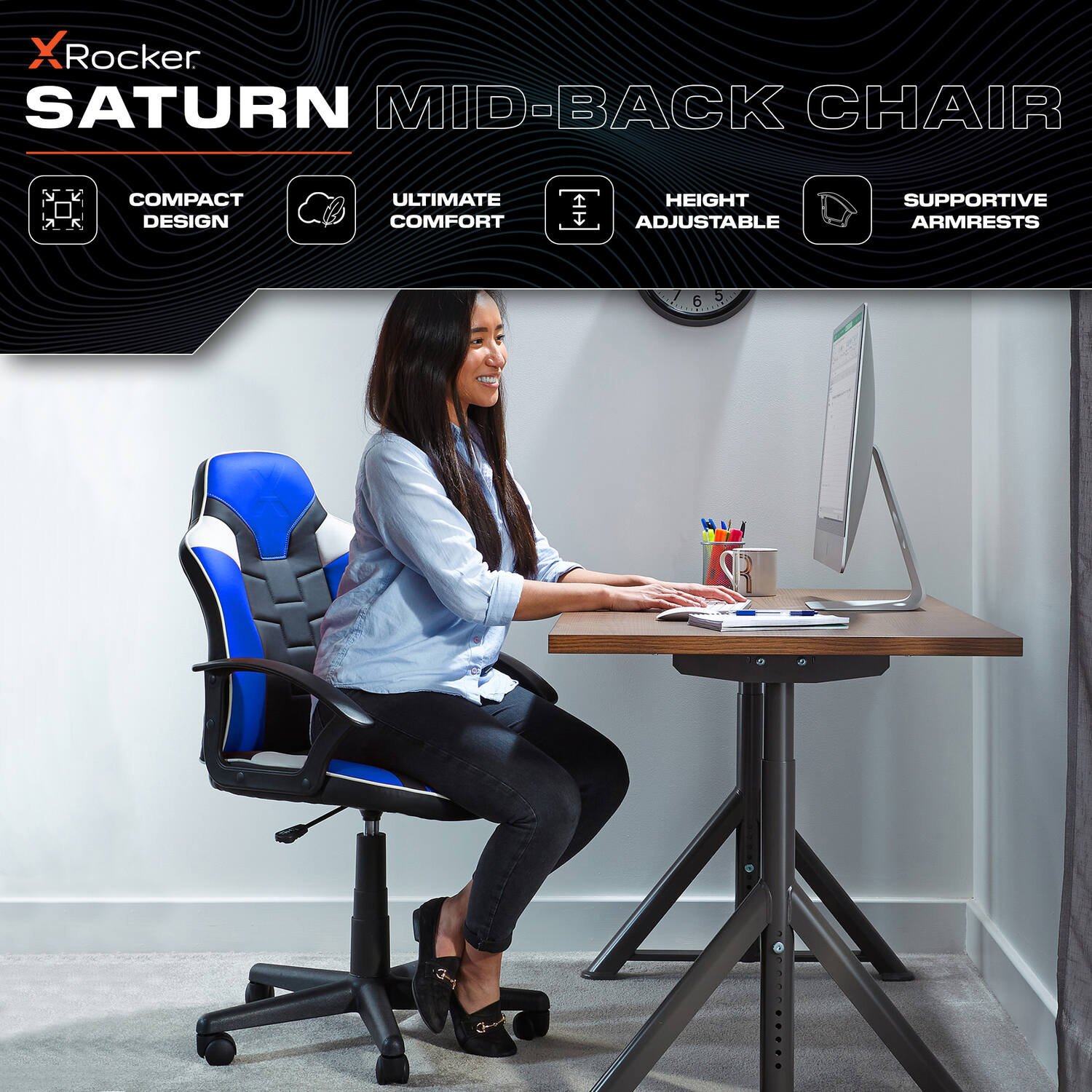 X Rocker Saturn Ergonomic Blue Faux Leather Mid-Back Gaming Office Chair