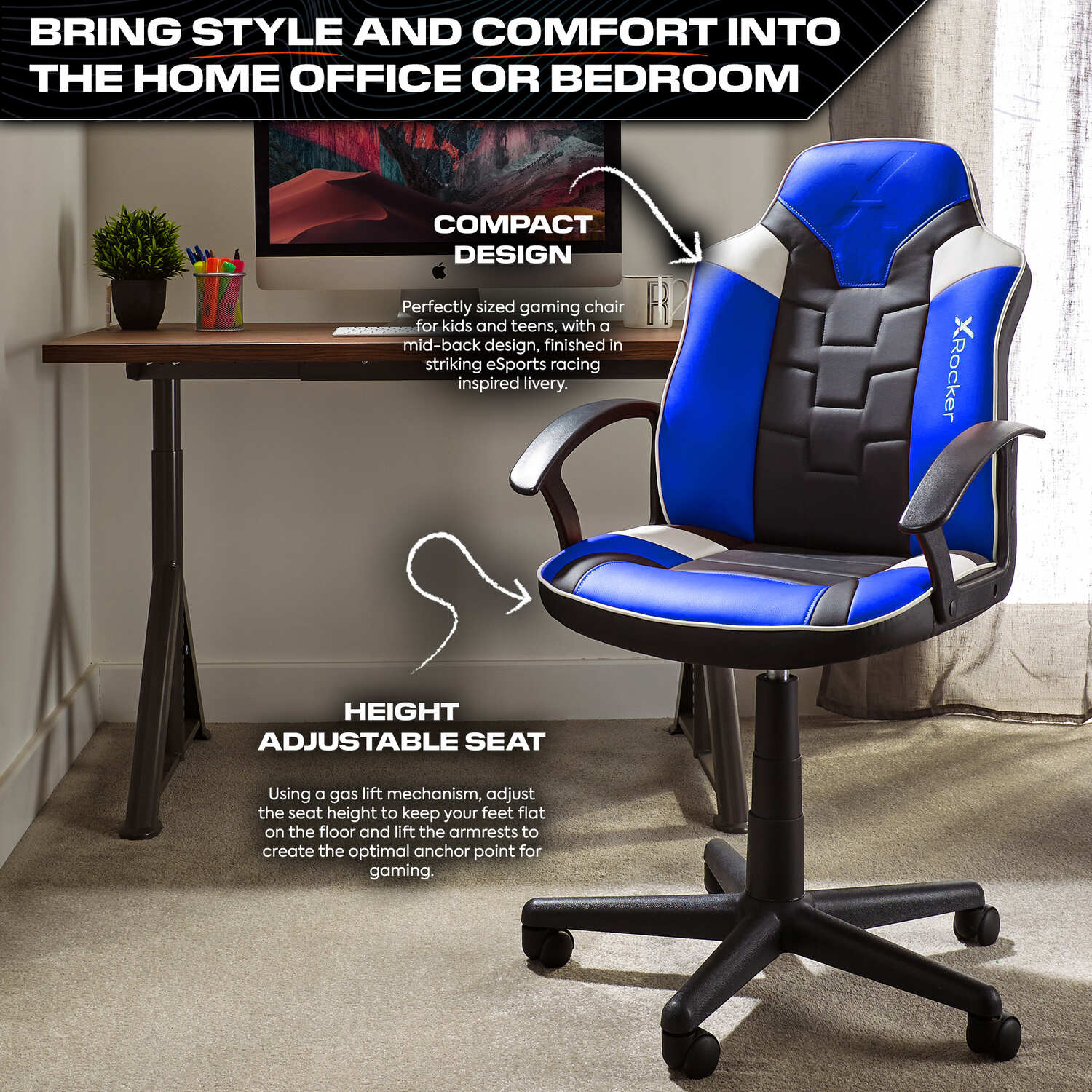 X Rocker Saturn Ergonomic Blue Faux Leather Mid-Back Gaming Office Chair