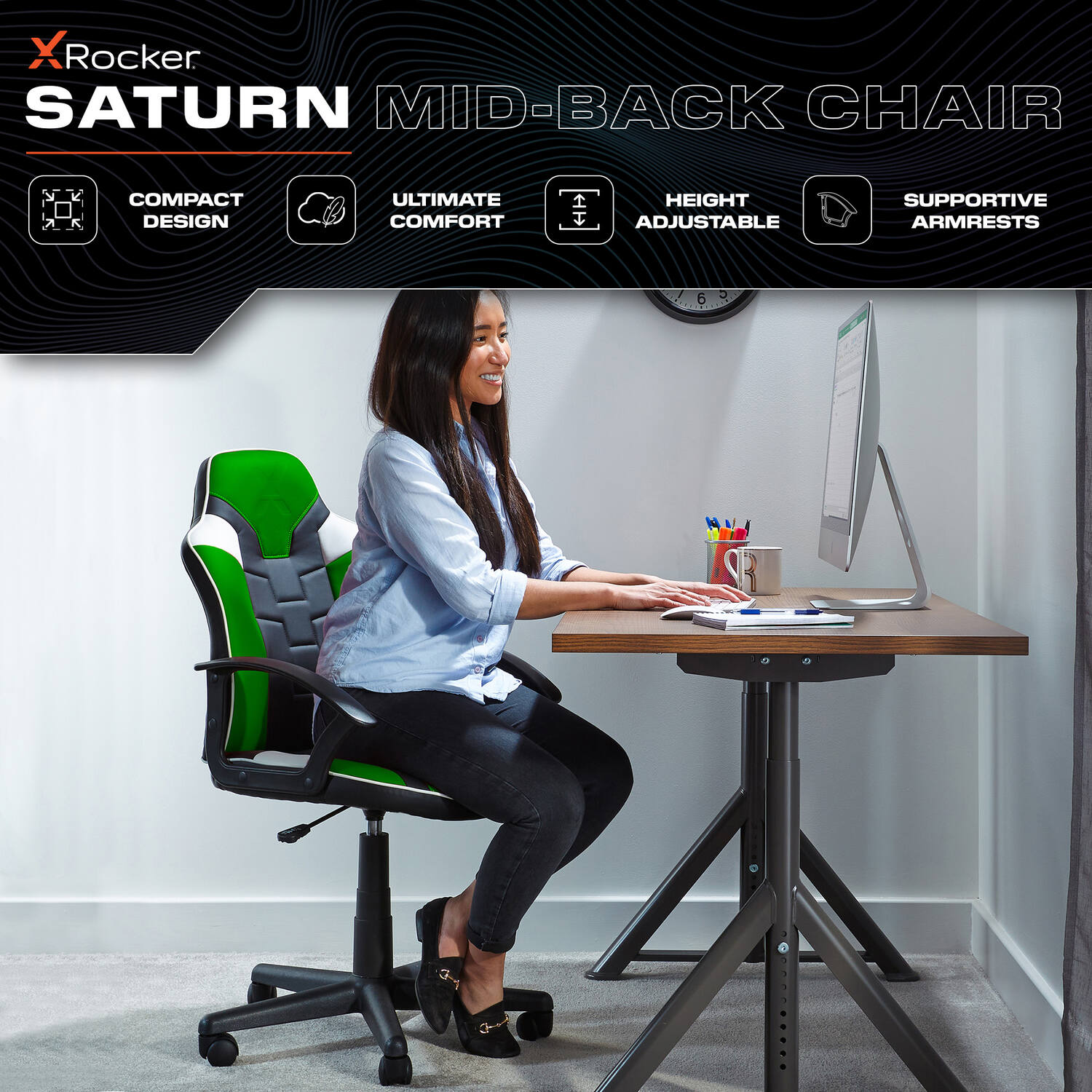 Saturn Ergonomic Mid-Back PC Gaming Office Chair, Green Faux Leather