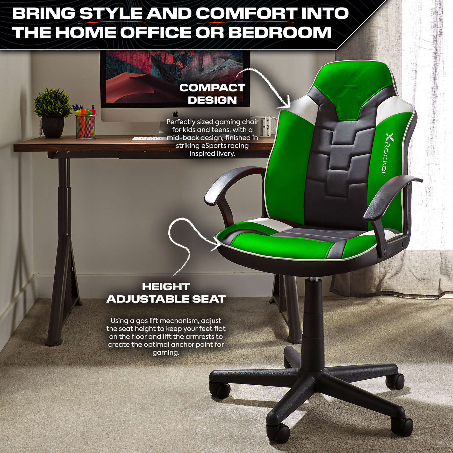 Saturn Ergonomic Mid-Back PC Gaming Office Chair, Green Faux Leather