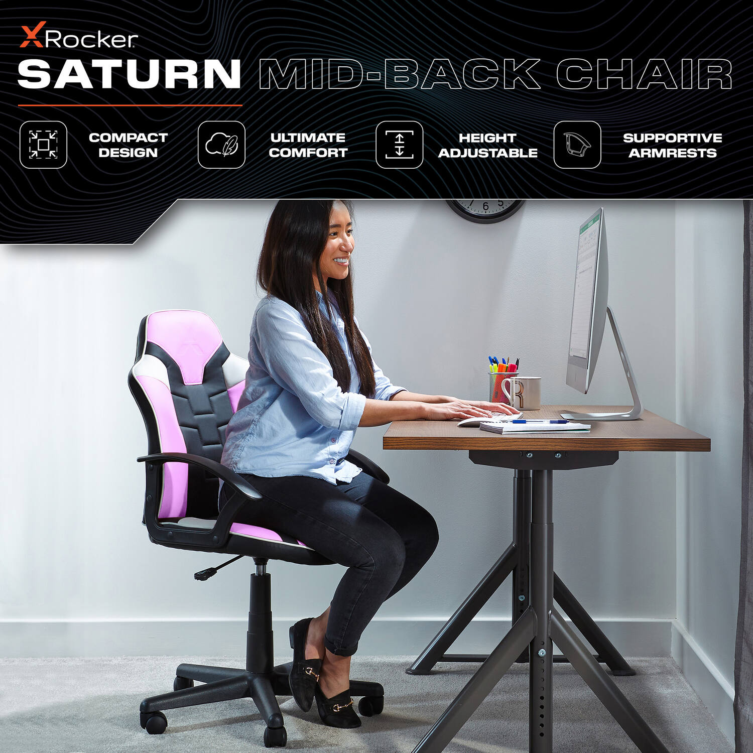 X Rocker Saturn Ergonomic Pink Gaming Office Chair - Adjustable Mid-Back