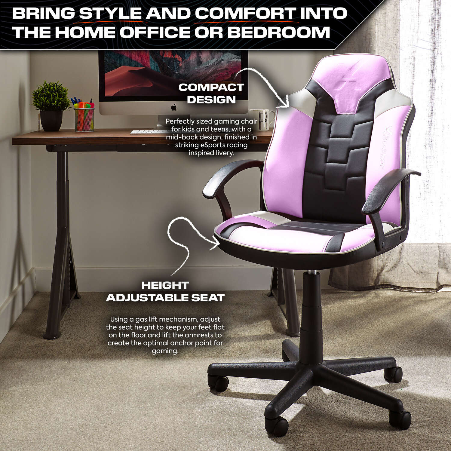 X Rocker Saturn Ergonomic Pink Gaming Office Chair - Adjustable Mid-Back