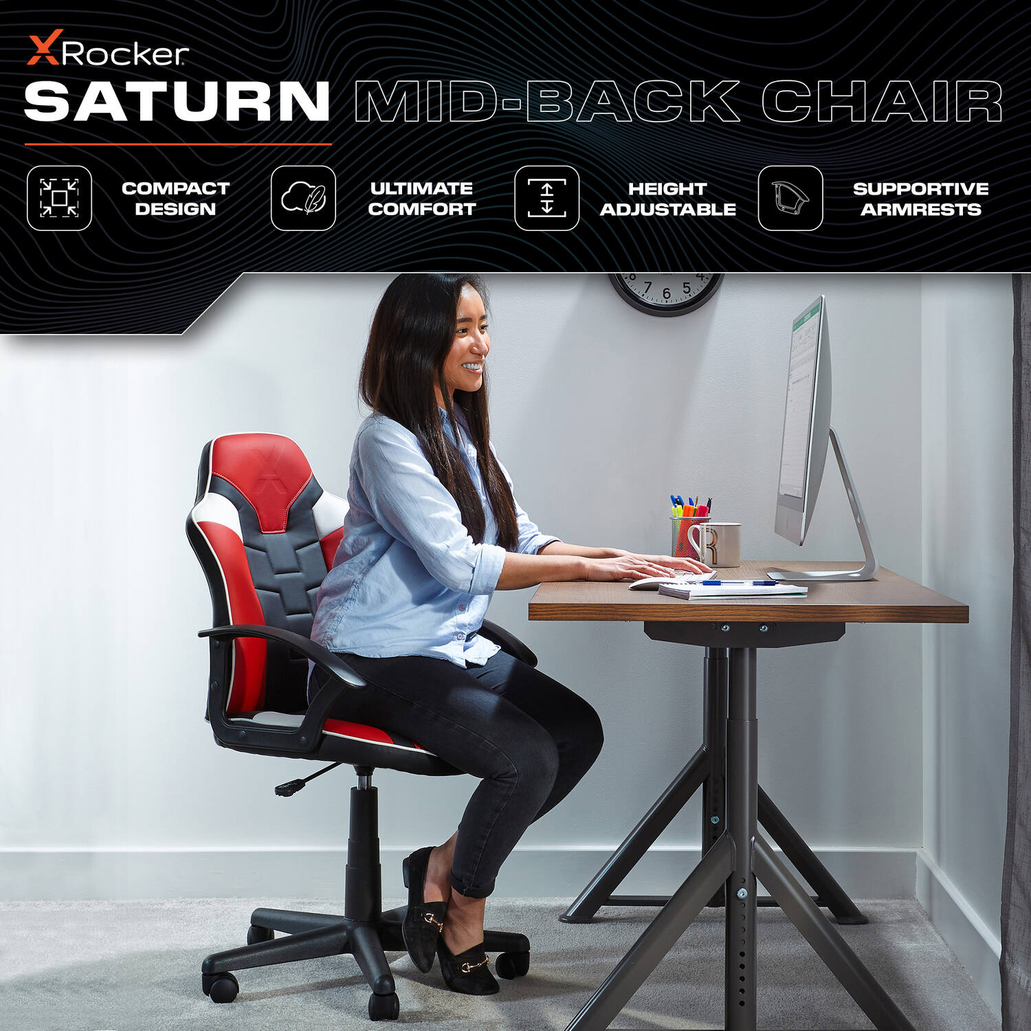 X Rocker Saturn Ergonomic Mid-Back Gaming Office Chair Red Faux Leather