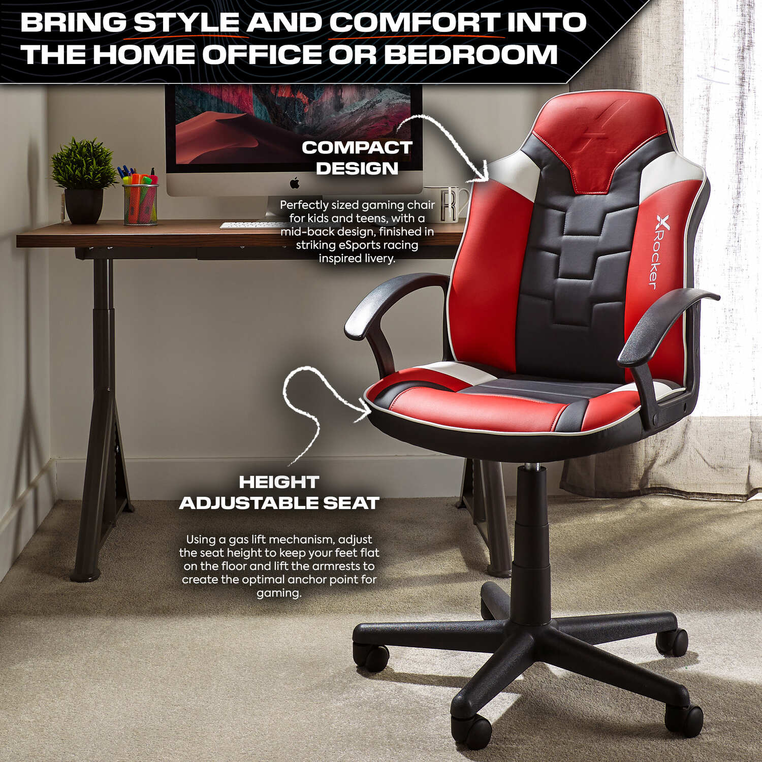 X Rocker Saturn Ergonomic Mid-Back Gaming Office Chair Red Faux Leather