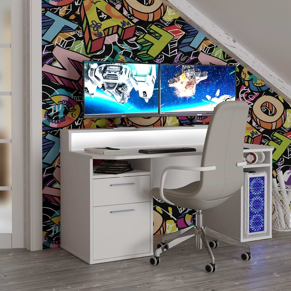 Flair Power Z White Gaming Desk with RGB LED Lights | Dual Monitor Support