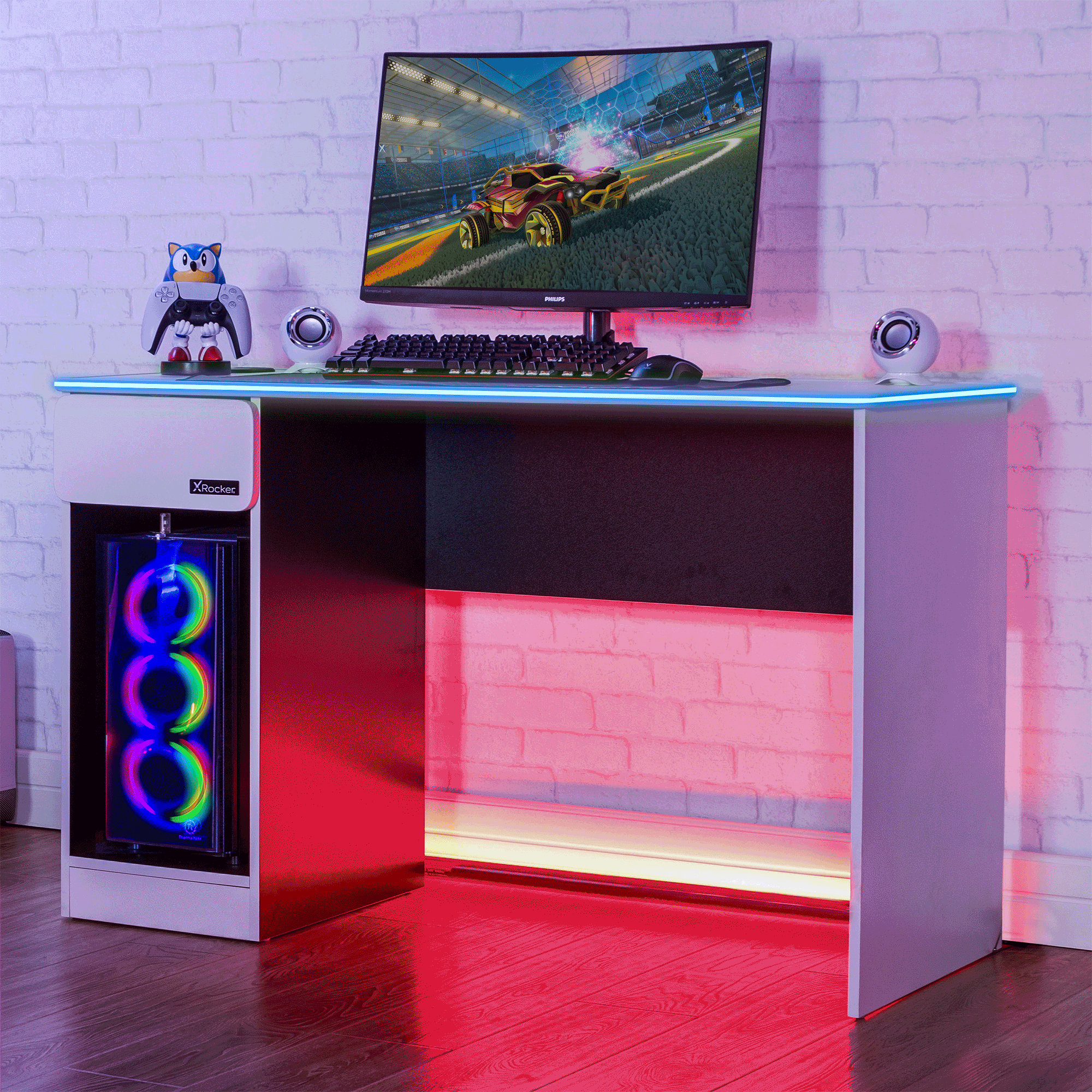 X Rocker Carbon-Tek 120cm White RGB LED Gaming Desk with Wireless Charging